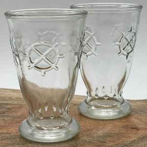2 VTG NAUTICAL THEMED MID CENTURY PEDESTAL BOTTOM JUICE GLASSES